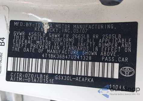 2007 Toyota Avalon Limited z USA, uszkodzony, nr VIN 4T1BK36B47U241328